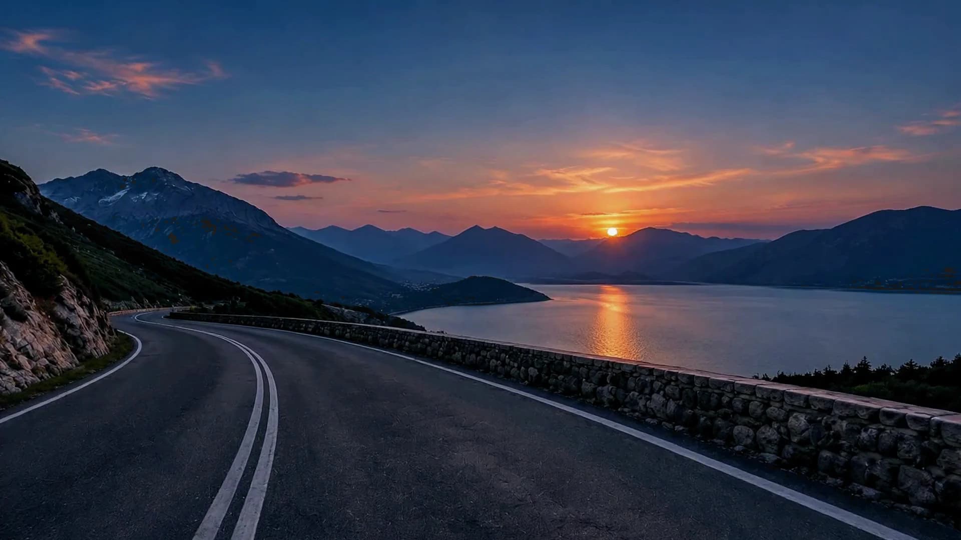 A winding mountain road beneath a blue dusk sky.